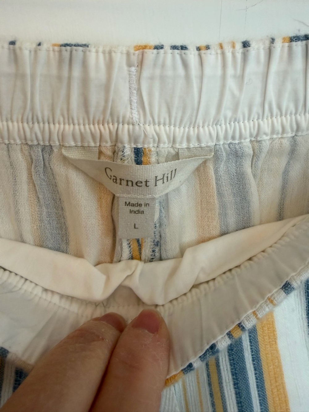 Garnet Hill Striped Drawstring Shorts Yellow Blue White Pockets Women Size L - Picture 3 of 9